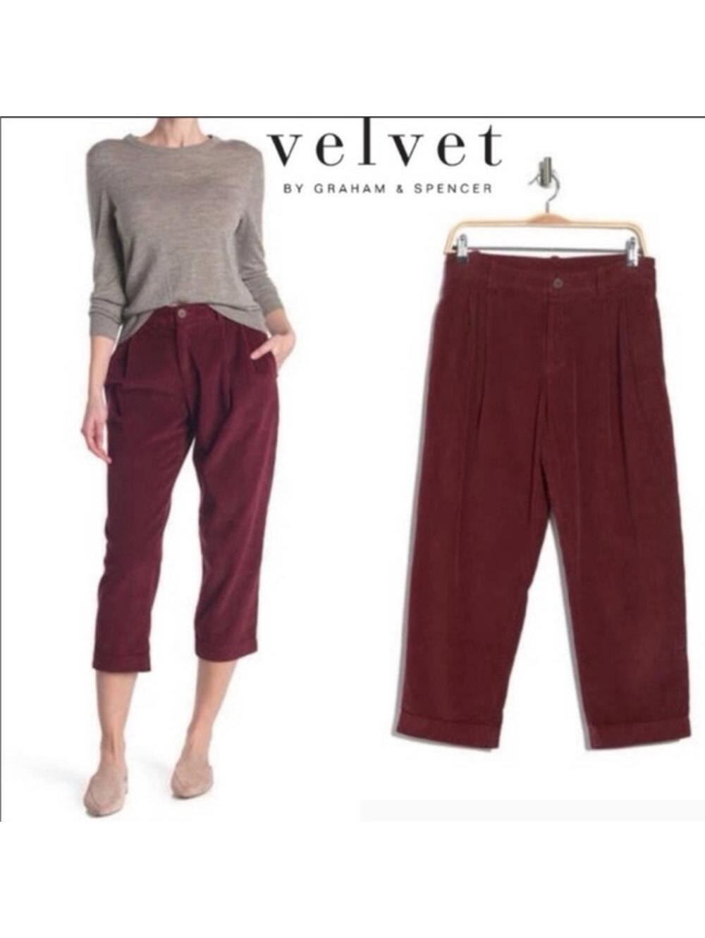 Velvet Women’s Corduroy Pants Cropped Pleated Waist Zipper Burgundy Wine Size 2